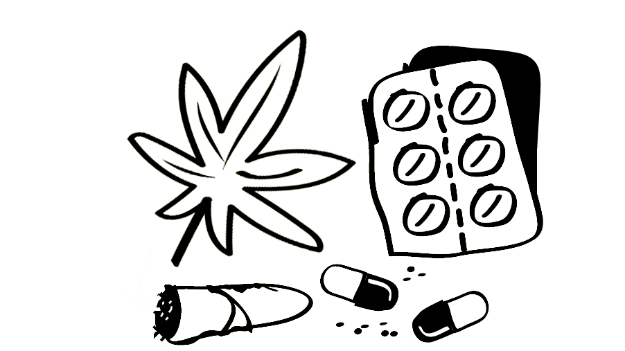 Savuava sätkä, kannabiskasvi ja pillereitä.