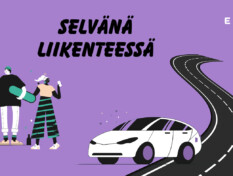 Selvänä liikenteessä. Piirroskuvassa auto ja ihmishahmoja juomien kanssa.