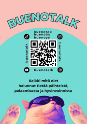 Buenotalk mainos, jossa QR koodi Buenotalk sivuille